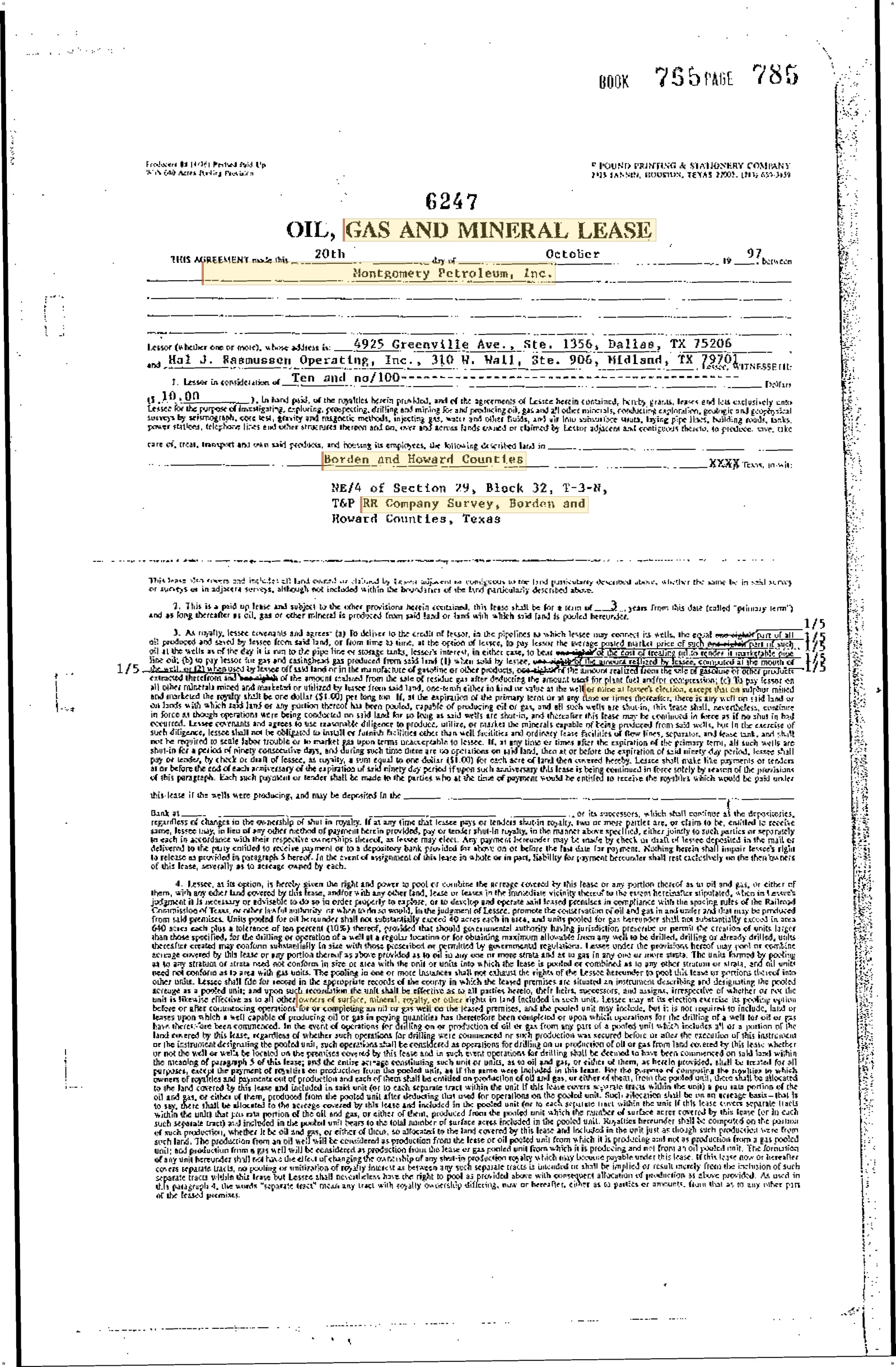 Montgomery Petroleum Inc. - Recorded Dr Vol: 755 Pg: 785; Lease - Gas, Oil, Mineral (Doc #DOCC00006247-DR-755-785)