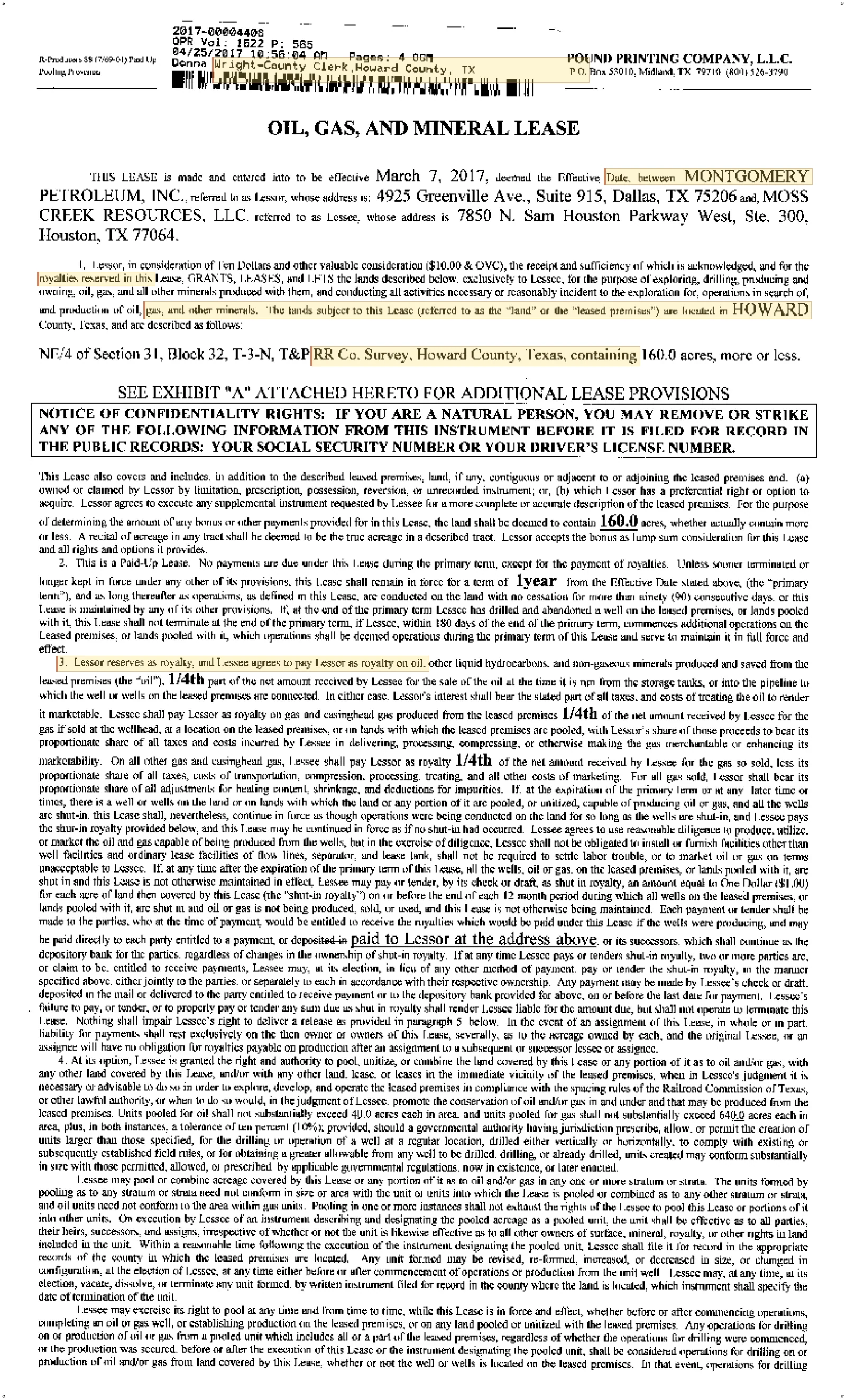 Montgomery Petroleum Inc. - Recorded Opr Vol: 1622 Pg: 565; Lease - Gas, Oil, Mineral (Doc #DOC179S2085)