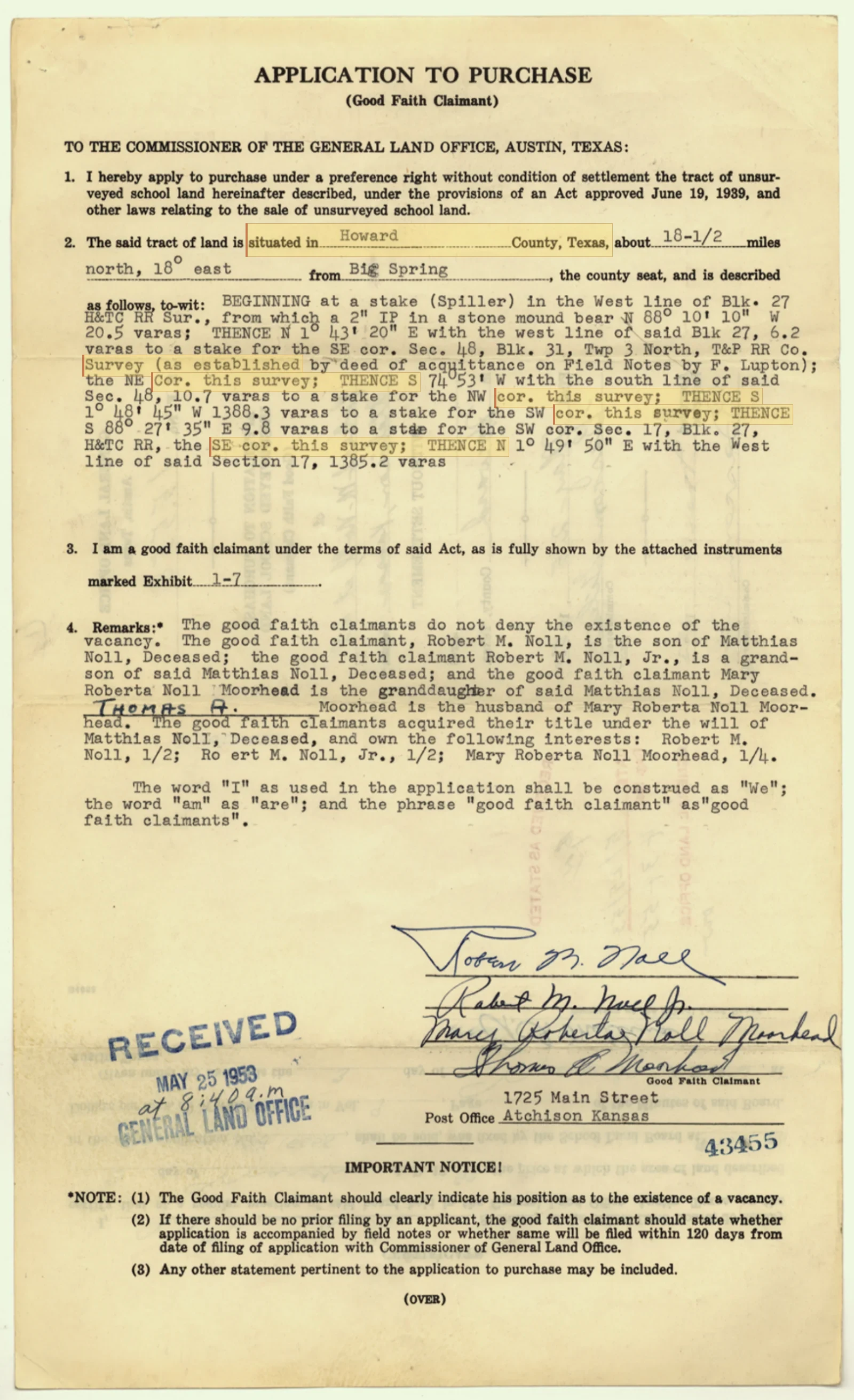Robert M Noll, et al Original Cursive Land Grant & Field Notes (Howard County, Abstract A-1753)